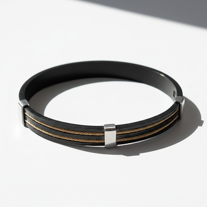 Men’s Black Stainless Steel Bracelet with Gold Cable Inlay