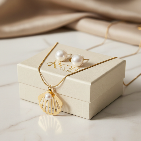 Gold Shell Pearl Necklace & Stud Earrings Set