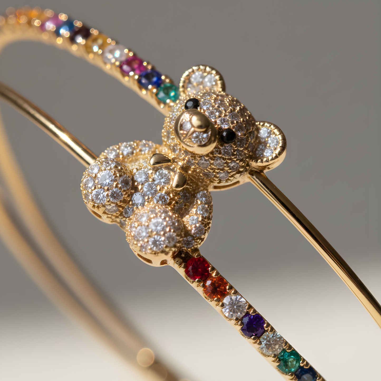 Gold Teddy Bear Rainbow Crystal Cuff Bangle