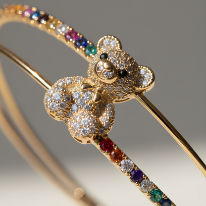Gold Teddy Bear Rainbow Crystal Cuff Bangle