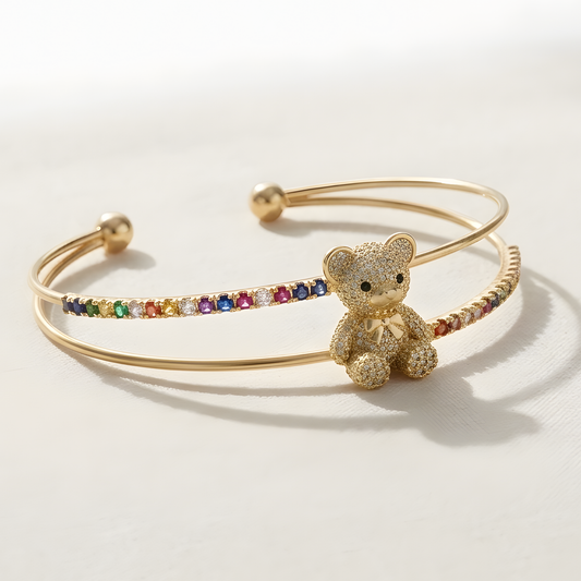 Gold Teddy Bear Rainbow Crystal Cuff Bangle