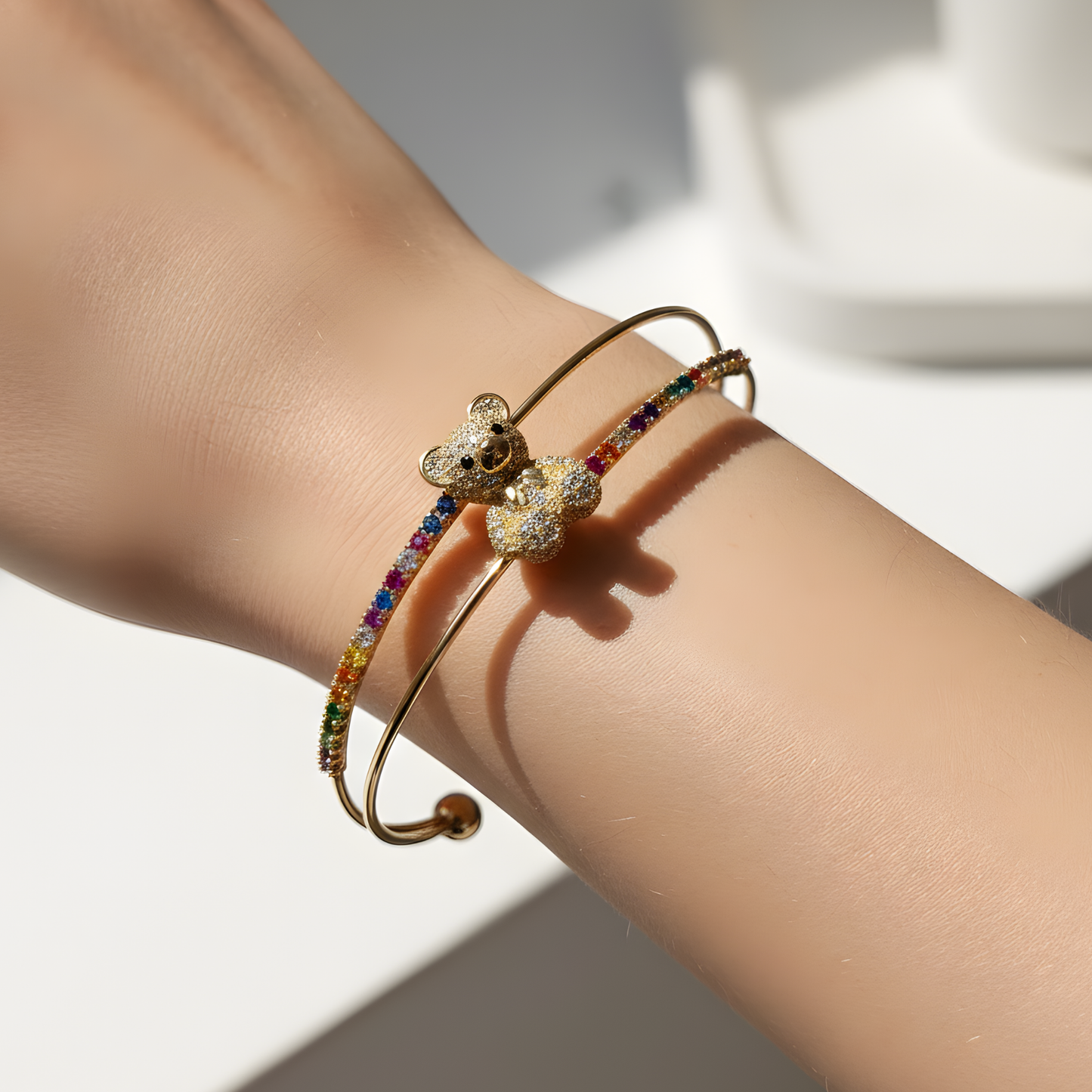 Gold Teddy Bear Rainbow Crystal Cuff Bangle