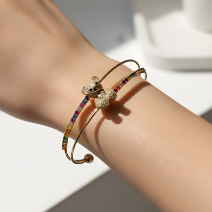 Gold Teddy Bear Rainbow Crystal Cuff Bangle