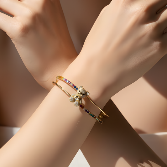 Gold Teddy Bear Rainbow Crystal Cuff Bangle