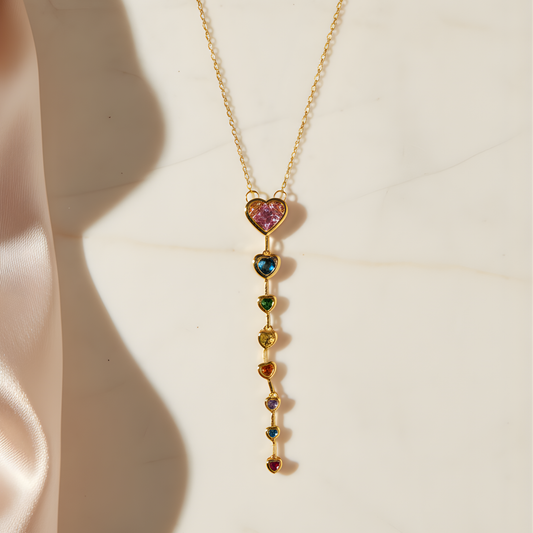 Rainbow Heart Y-Drop Gold Necklace