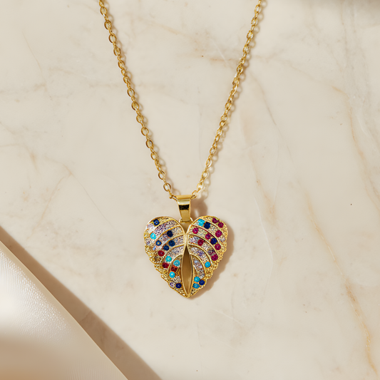 Rainbow Crystal Heart Leaf Necklace