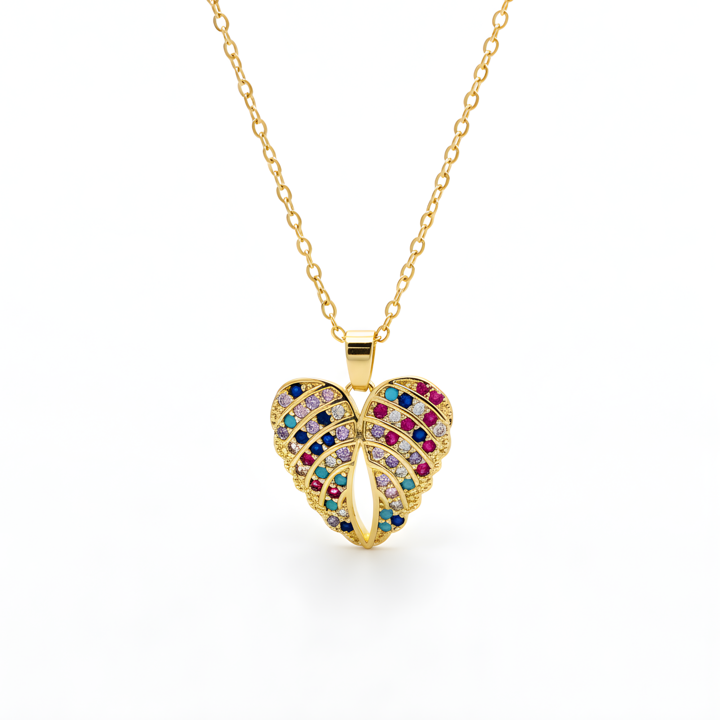 Rainbow Crystal Heart Leaf Necklace