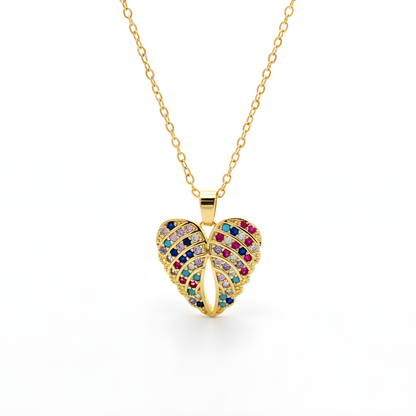 Rainbow Crystal Heart Leaf Necklace