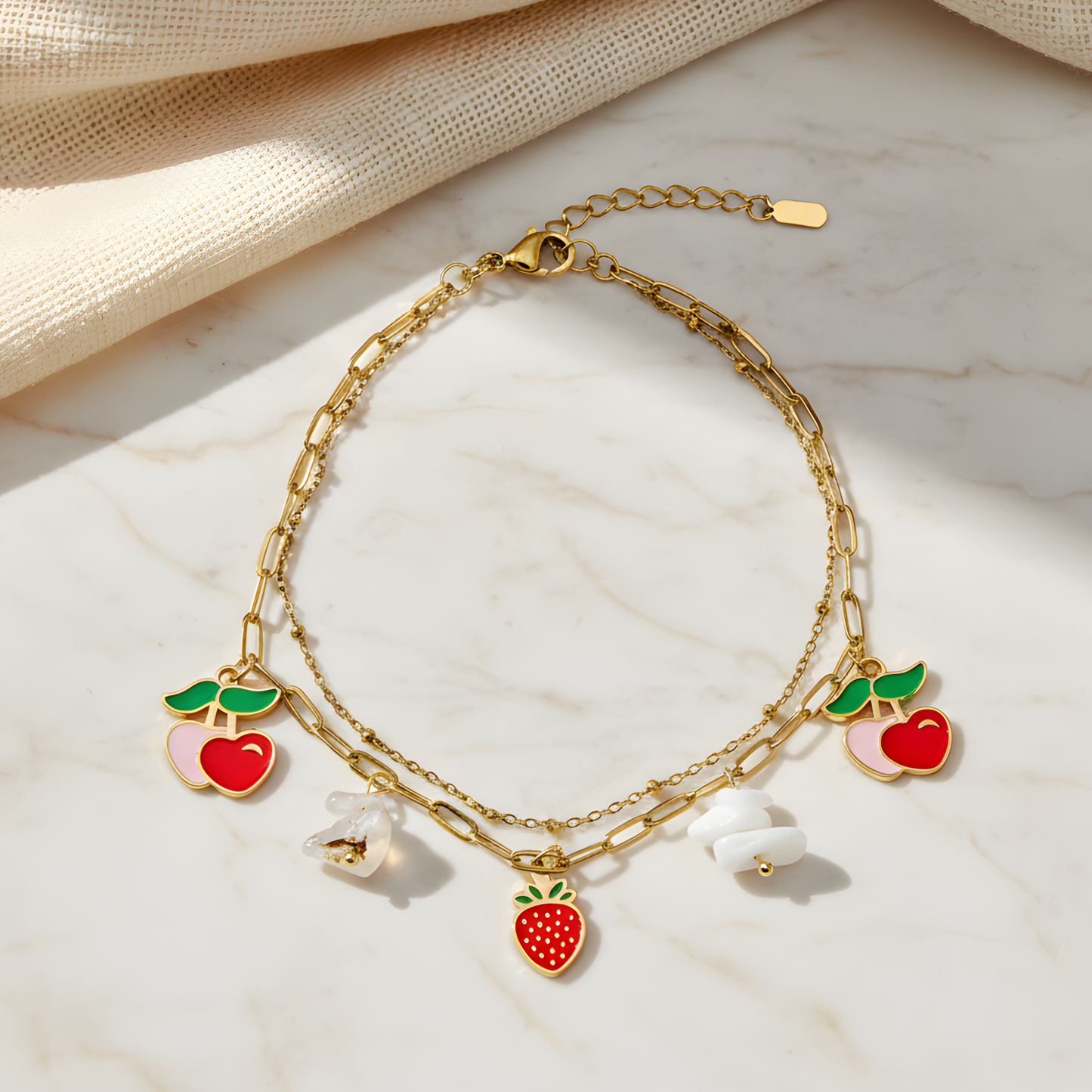 Gold Fruit Charm Bracelet – Cherry & Strawberry Dainty Bracelet