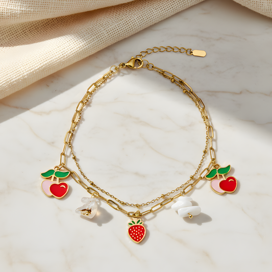 Gold Fruit Charm Bracelet – Cherry & Strawberry Dainty Bracelet
