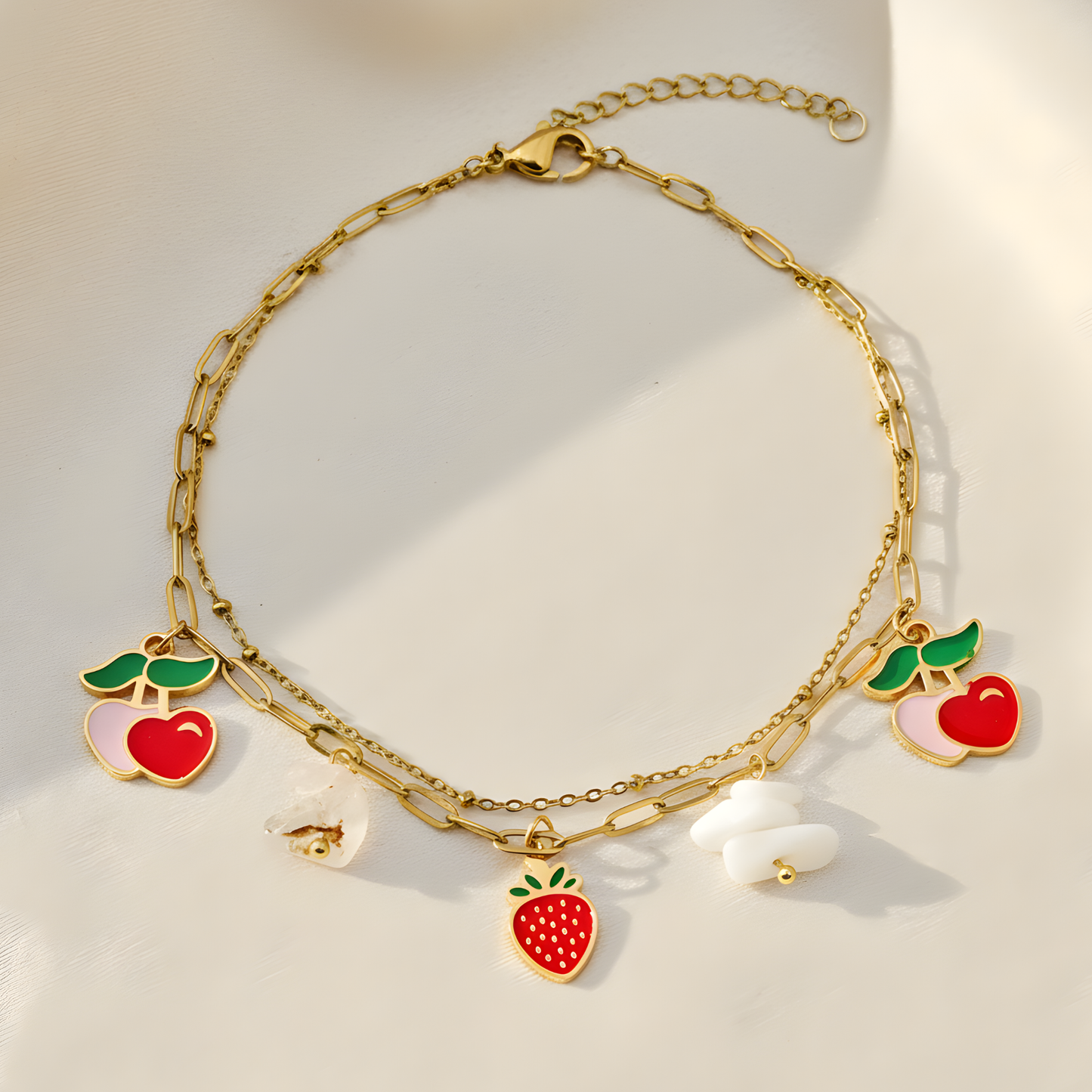 Gold Fruit Charm Bracelet – Cherry & Strawberry Dainty Bracelet