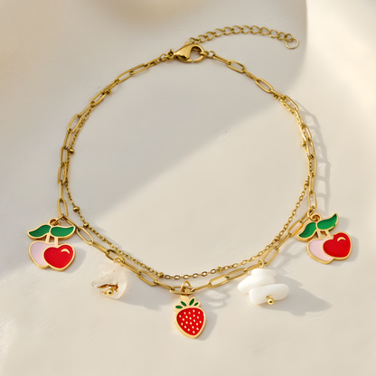 Gold Fruit Charm Bracelet – Cherry & Strawberry Dainty Bracelet