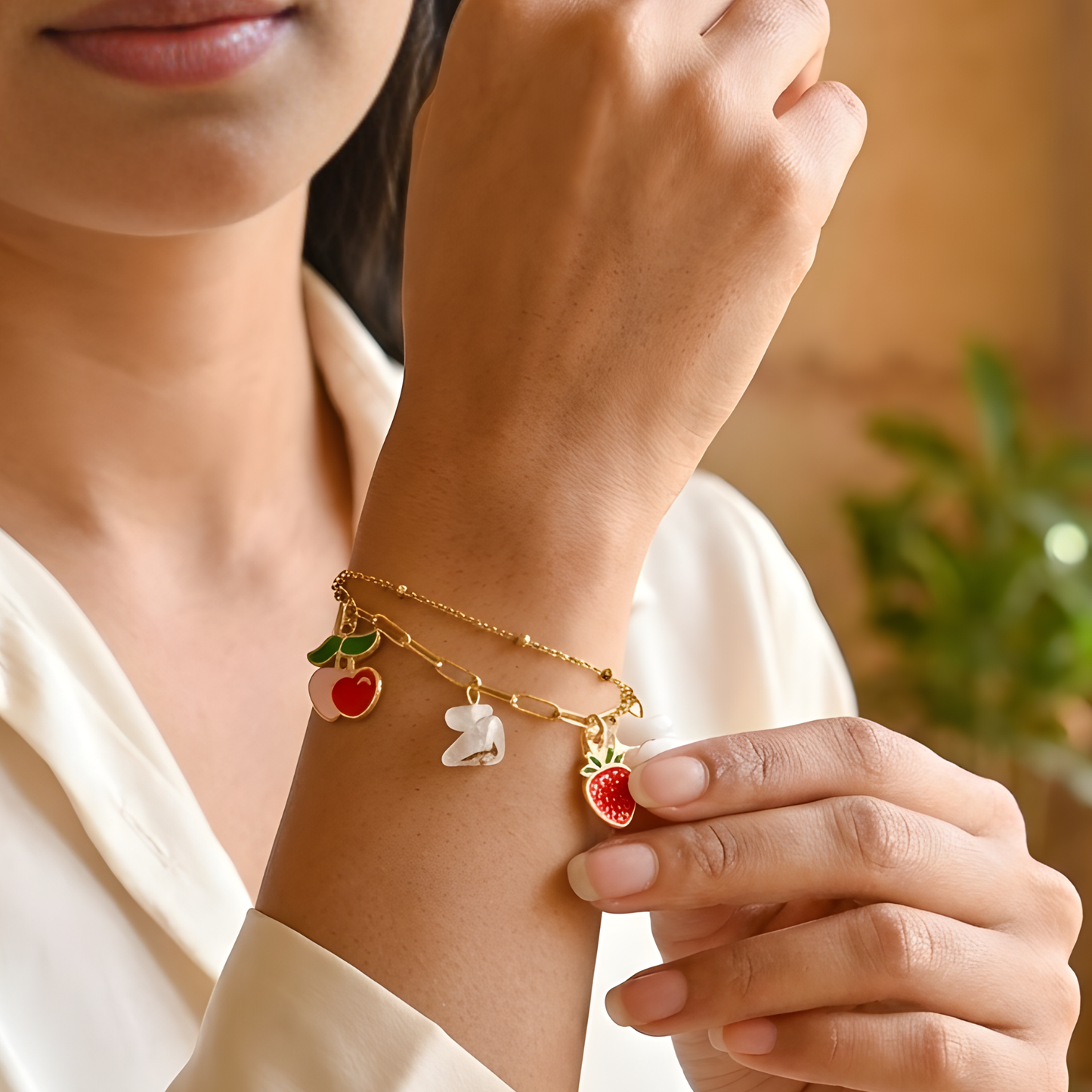 Gold Fruit Charm Bracelet – Cherry & Strawberry Dainty Bracelet