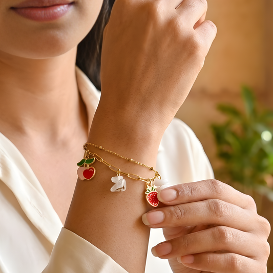 Gold Fruit Charm Bracelet – Cherry & Strawberry Dainty Bracelet