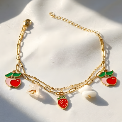 Gold Fruit Charm Bracelet – Cherry & Strawberry Dainty Bracelet