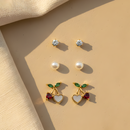 Cherry Heart Drop Earrings Set Of Three