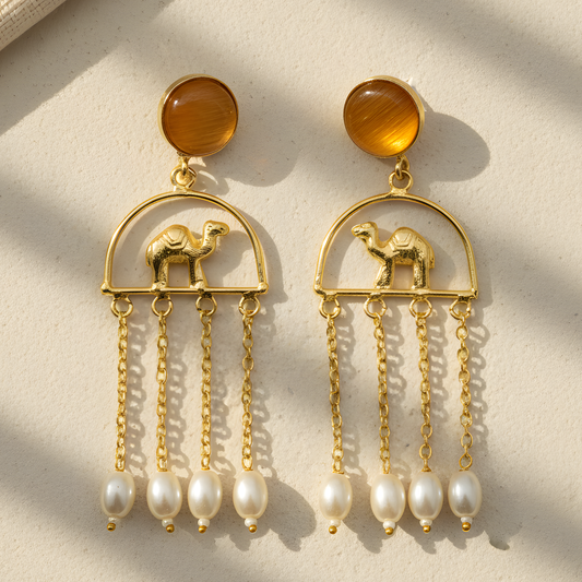 Camel & Pearl Tassel Drop Earrings