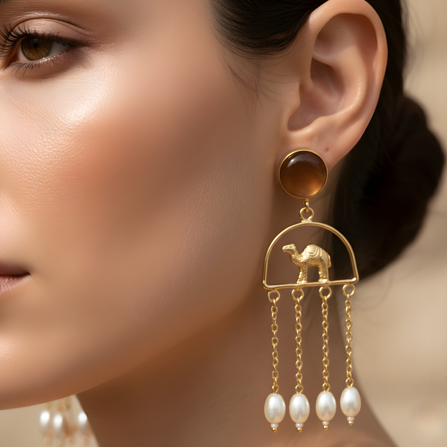 Camel & Pearl Tassel Drop Earrings