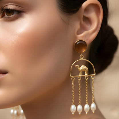 Camel & Pearl Tassel Drop Earrings