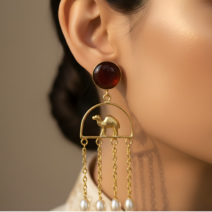 Camel & Pearl Tassel Drop Earrings