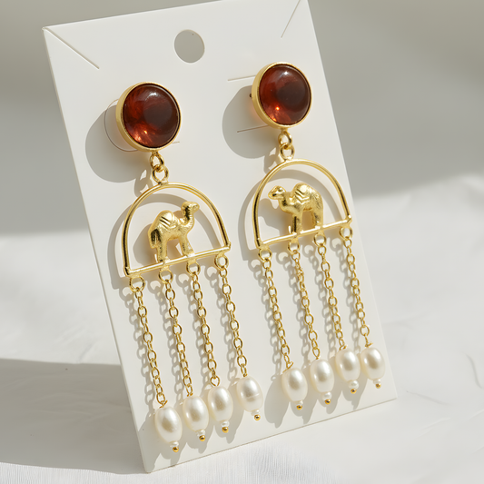 Camel & Pearl Tassel Drop Earrings
