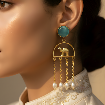 Camel & Pearl Tassel Drop Earrings
