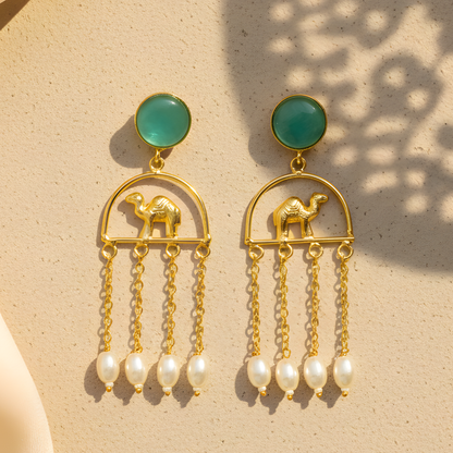 Camel & Pearl Tassel Drop Earrings
