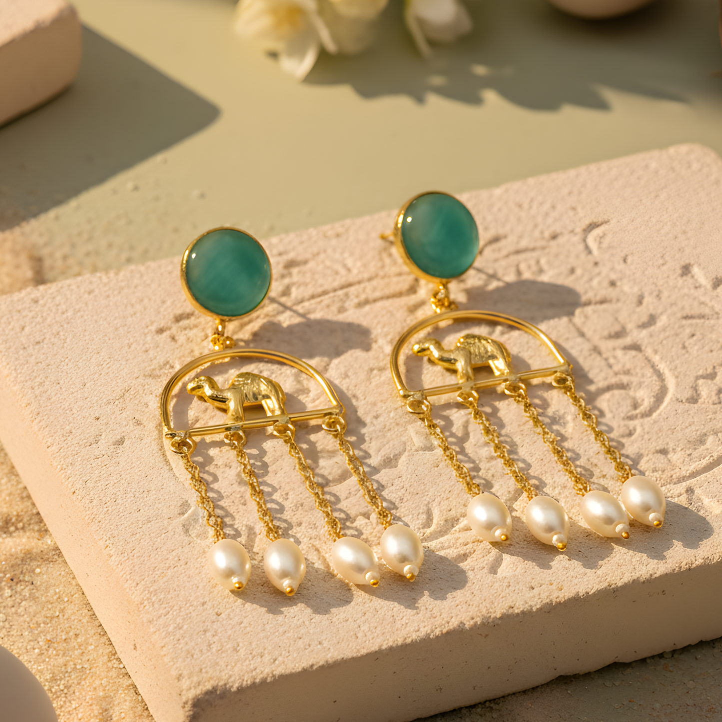 Camel & Pearl Tassel Drop Earrings