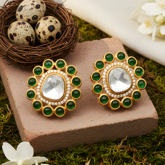 Gold Emerald Floral Stud Earrings