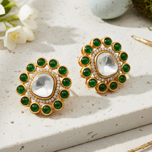 Gold Emerald Floral Stud Earrings