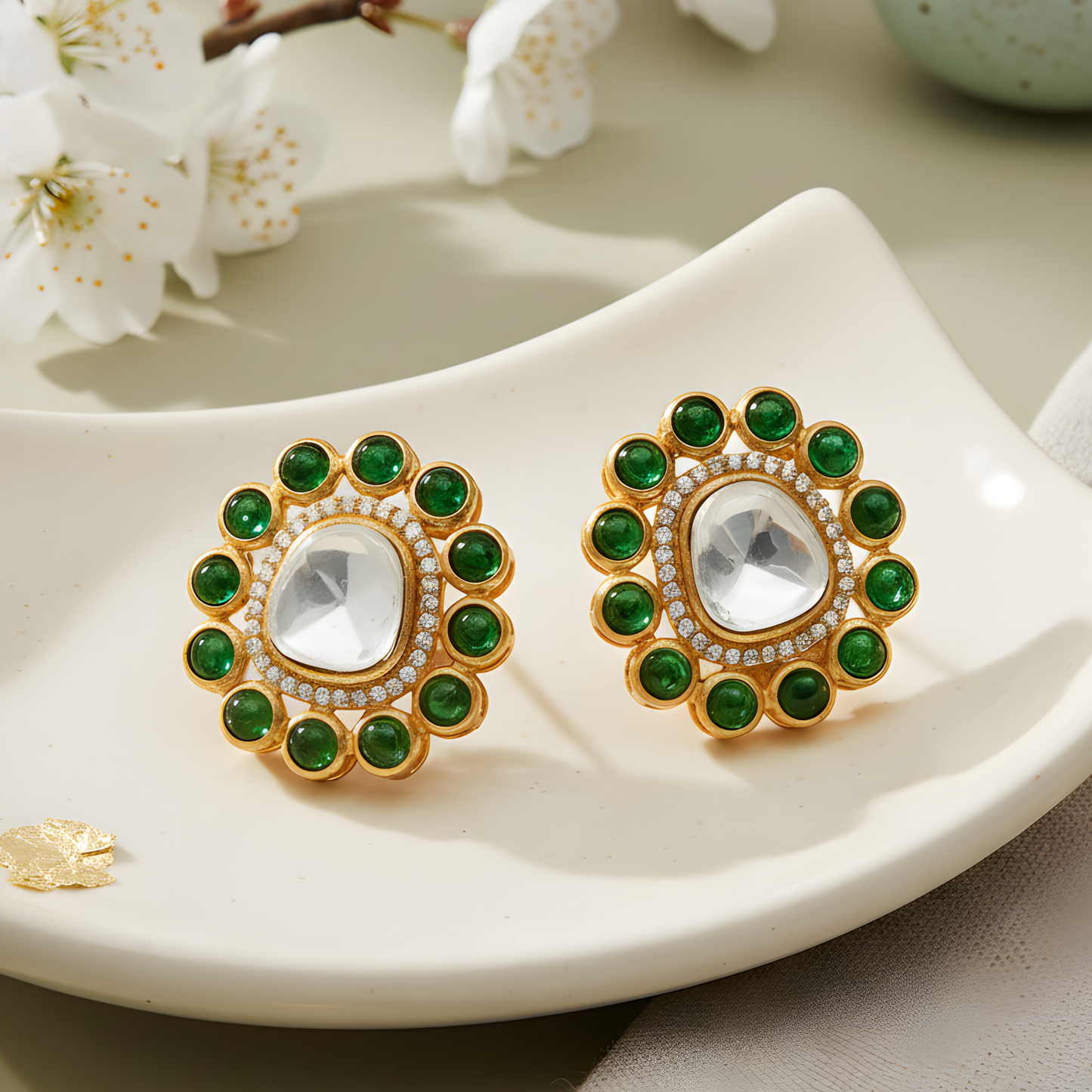 Gold Emerald Floral Stud Earrings