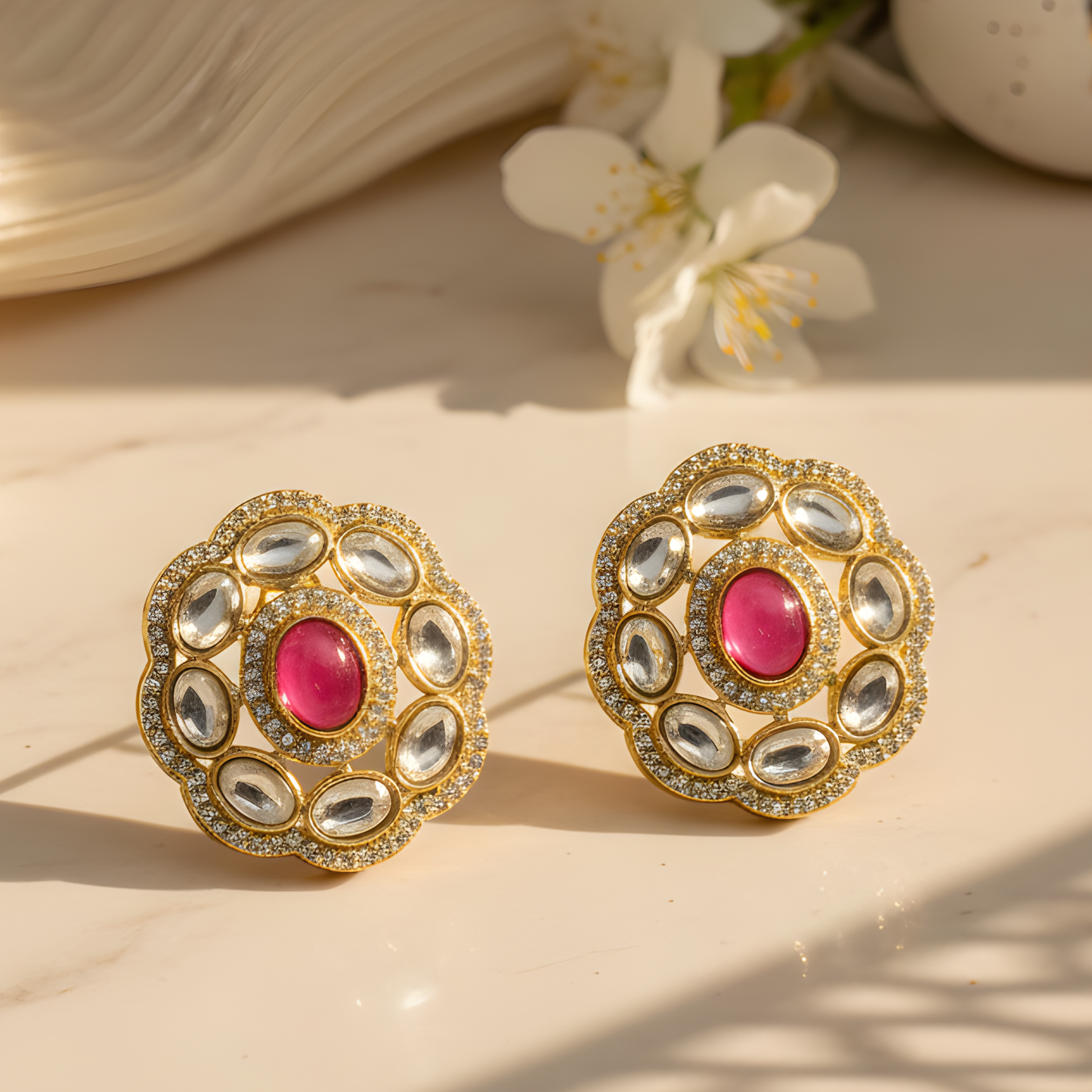 Gold Ruby Floral Stud Earrings