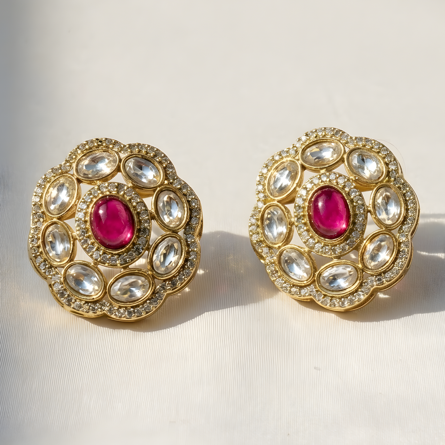 Gold Ruby Floral Stud Earrings