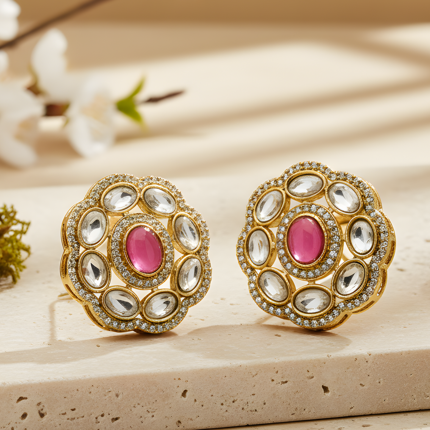 Gold Ruby Floral Stud Earrings