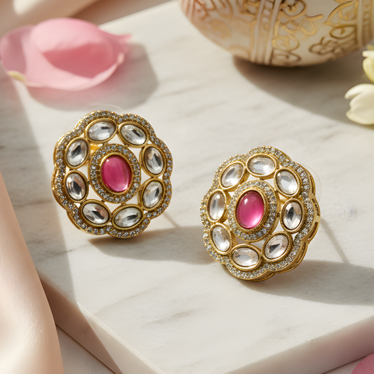Gold Ruby Floral Stud Earrings