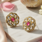 Gold Ruby Floral Stud Earrings
