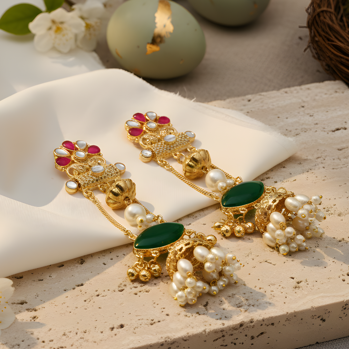 Emerald Drop Kundan Jhumka Earrings