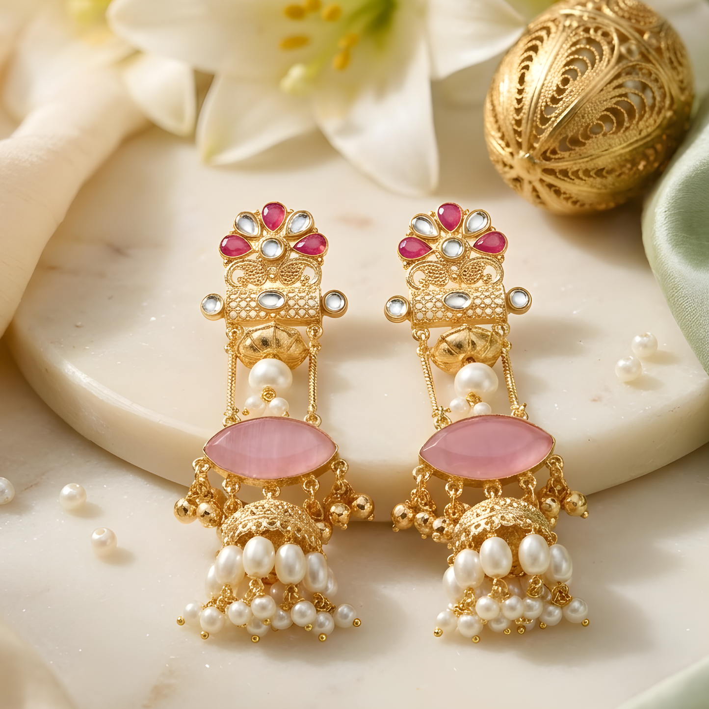 Emerald Drop Kundan Jhumka Earrings