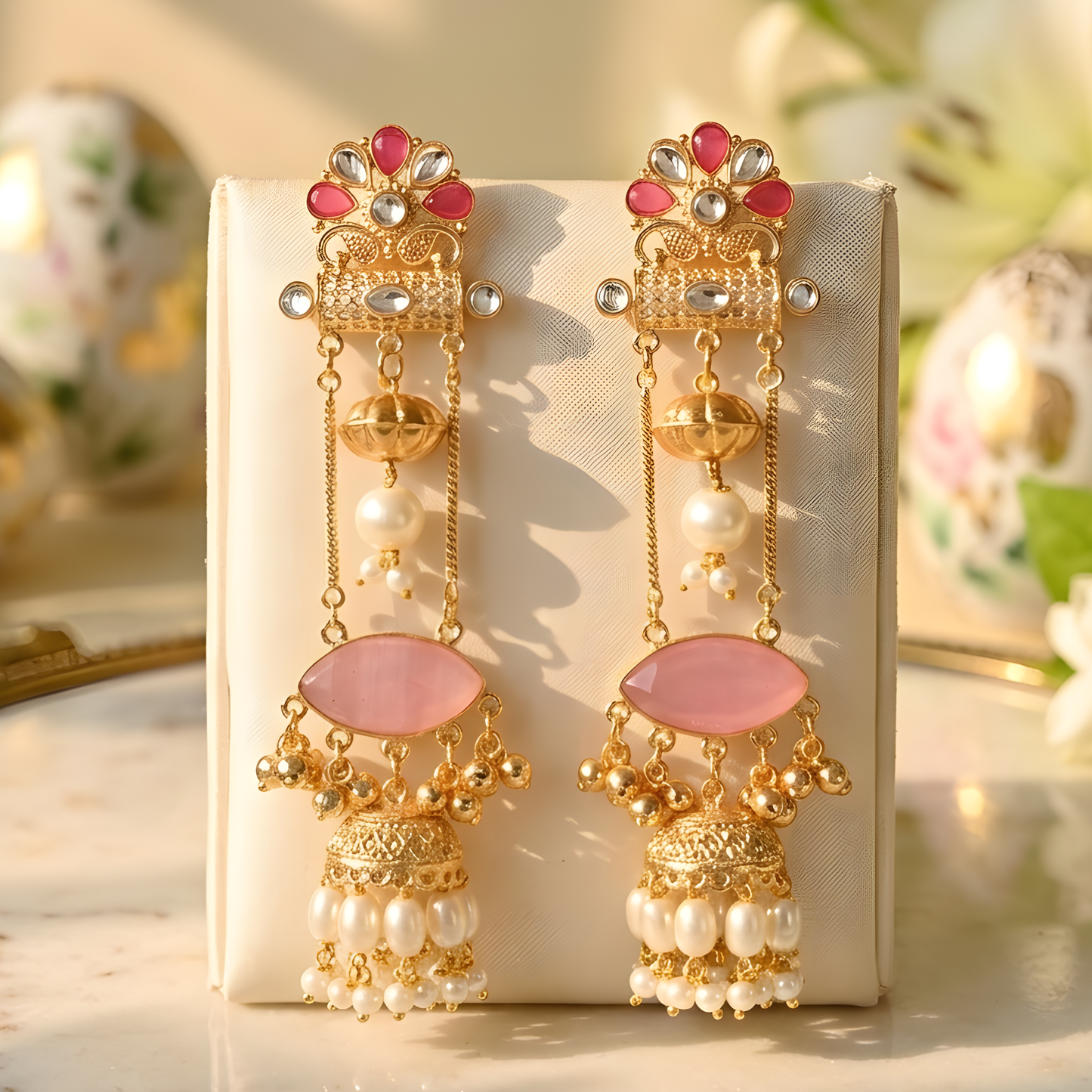 Emerald Drop Kundan Jhumka Earrings