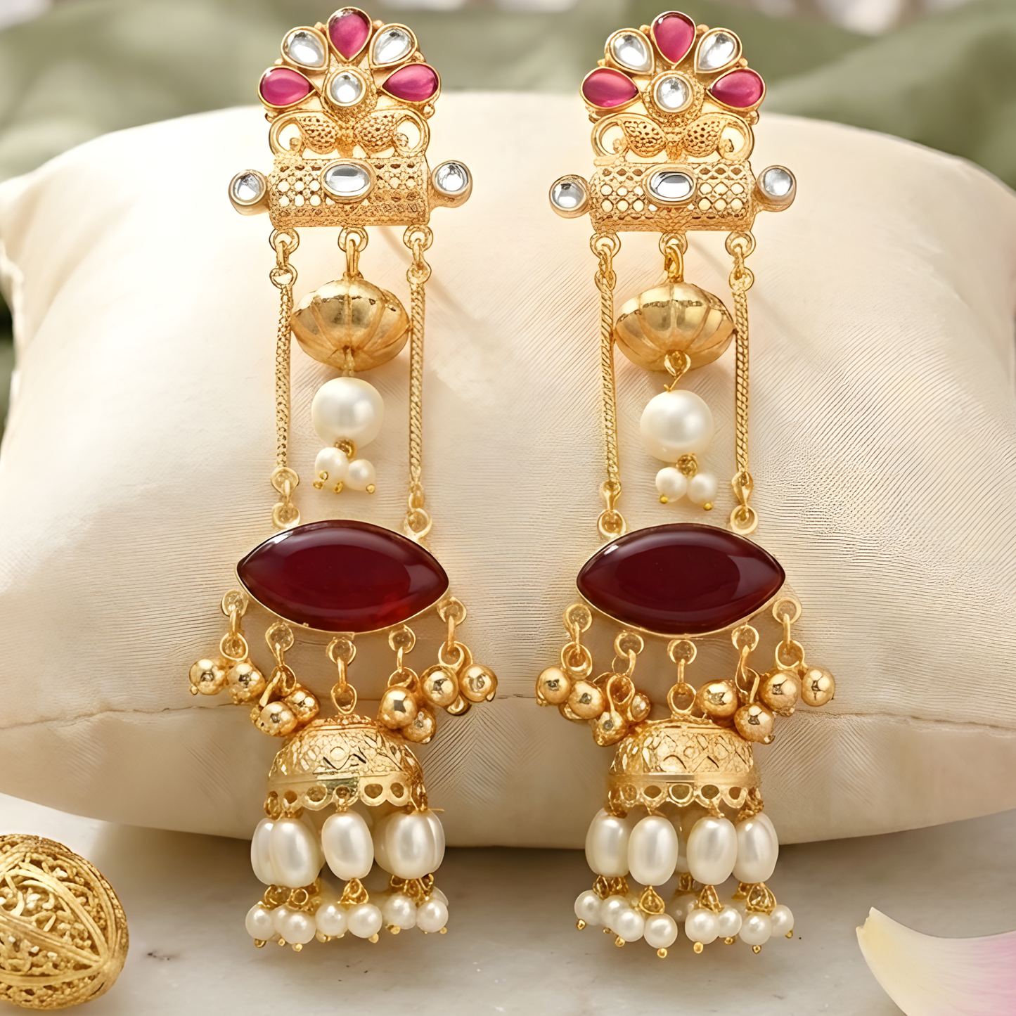 Emerald Drop Kundan Jhumka Earrings