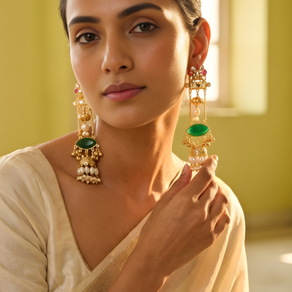 Emerald Drop Kundan Jhumka Earrings