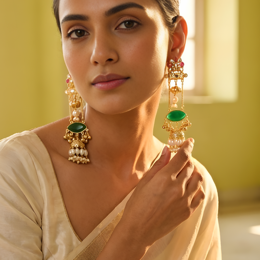 Emerald Drop Kundan Jhumka Earrings