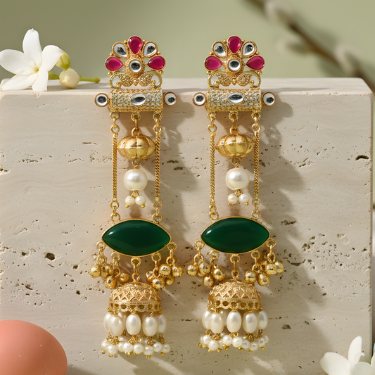 Emerald Drop Kundan Jhumka Earrings