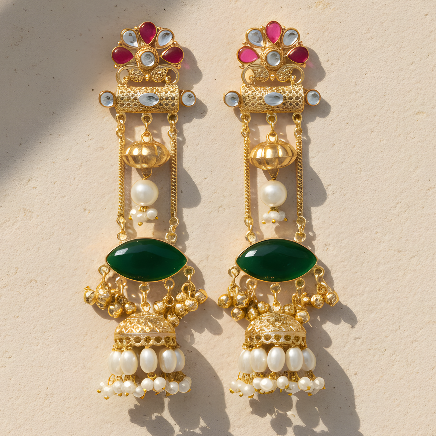 Emerald Drop Kundan Jhumka Earrings