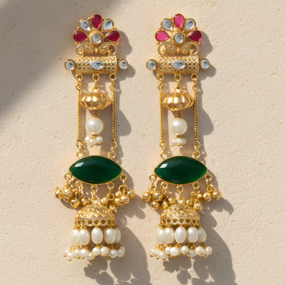 Emerald Drop Kundan Jhumka Earrings