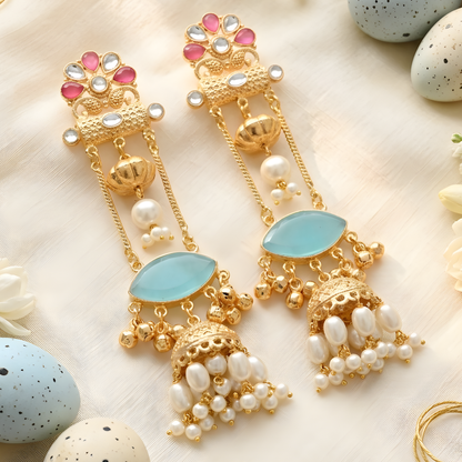 Emerald Drop Kundan Jhumka Earrings