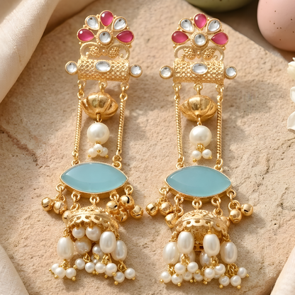 Emerald Drop Kundan Jhumka Earrings
