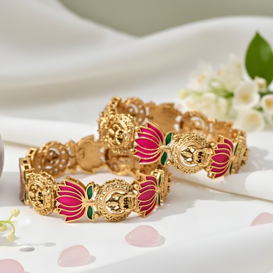 Pink Lotus Enamel Temple Jewelry Bangles