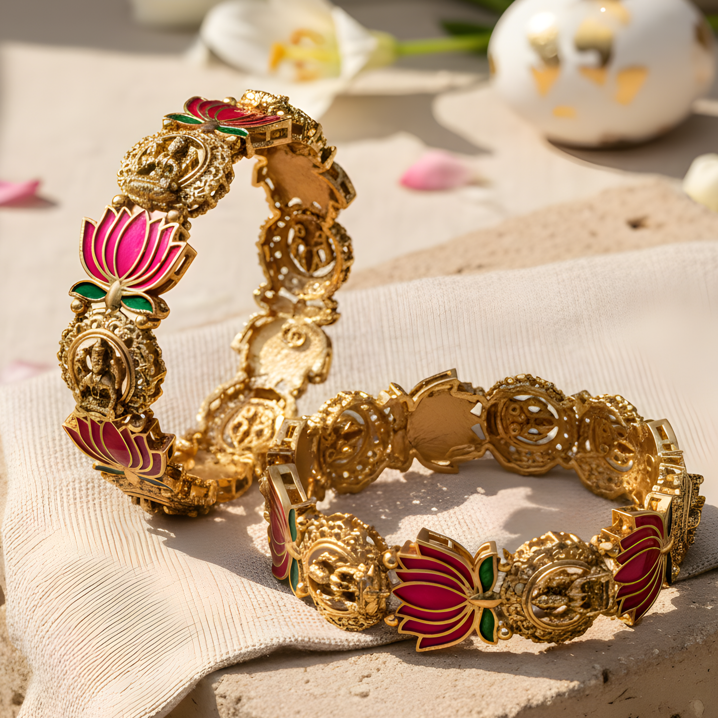 Pink Lotus Enamel Temple Jewelry Bangles