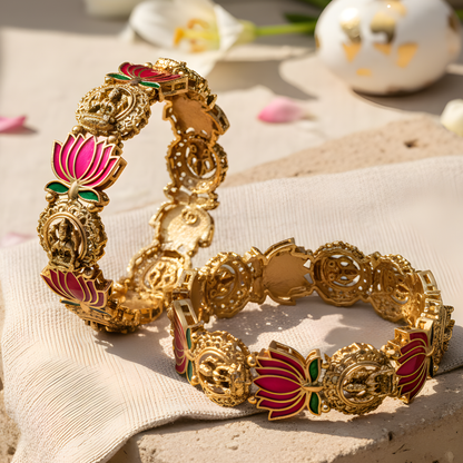 Pink Lotus Enamel Temple Jewelry Bangles
